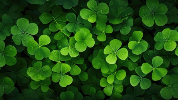 A stunning and vivid scene of a dense field of green four-leaf clovers, perfect for St. Patricks Day or nature-themed designs, providing a sense of freshness and abundance in a harmonious setting.