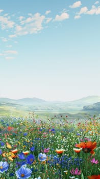 Vibrant wildflower meadow with distant mountains under a clear sky