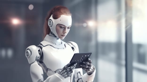 Futuristic female robot using a digital tablet in a modern technological environment.