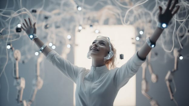 Ecstatic young woman in futuristic gloves and glasses in a room with hanging luminous future technology.