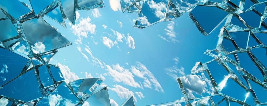 A blue sky with clouds is reflected in a shattered glass window, creating a fractured and distorted mirror image of the sky above. The glass shards scatter light and colors, adding a sense of disarray and contrast to the peaceful sky.