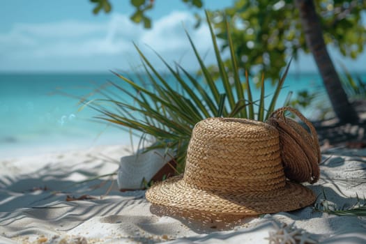 A straw hat is laying on the sand next to a book. The scene is peaceful and relaxing, with the hat and book suggesting a leisurely day spent on the beach