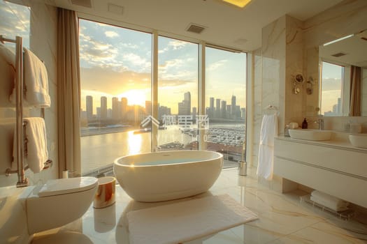 A large white bathtub sits in a bathroom with a view of the city. The bathroom is clean and well-lit, with a large window that lets in natural light. The bathtub is surrounded by a white rug