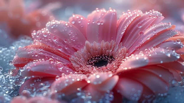 A close-up shot of a pink flower covered with glistening water droplets. The delicate petals are vivid in color, contrasting beautifully with the crystal-clear droplets.