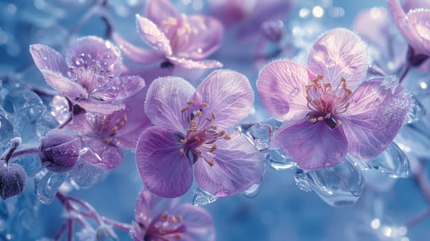 A delicate arrangement of purple flowers on ice with captures the sky reflection.