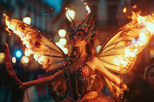 A woman in a costume with a mask on her face is holding a sword. The scene is set in a city at night, with bright lights illuminating the area. The woman is a performer