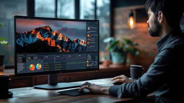 A man is sitting in front of a computer monitor with a mountain in the background. He is working on a project, possibly related to technology or design. The atmosphere of the image is focused