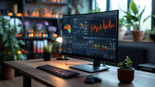 A computer monitor displays a number of graphs and charts.