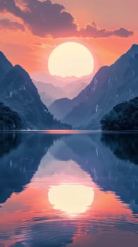 The sun is descending behind a mountain, casting a warm glow over a serene lake surrounded by rocky cliffs and forests. The sky is painted with shades of orange and pink as the day transitions into night.