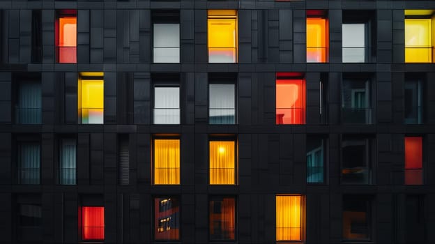 Modern building facade with illuminated windows at night
