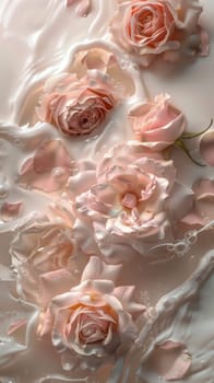 Submerged roses in milky liquid.