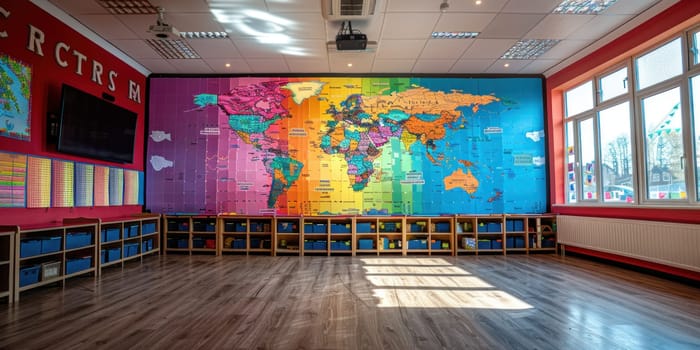 A large colorful world map is on the wall of a room. The room is empty and has a lot of shelves