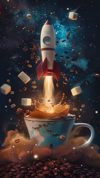 Rocket launching from a coffee cup amidst floating coffee beans and sugar cubes