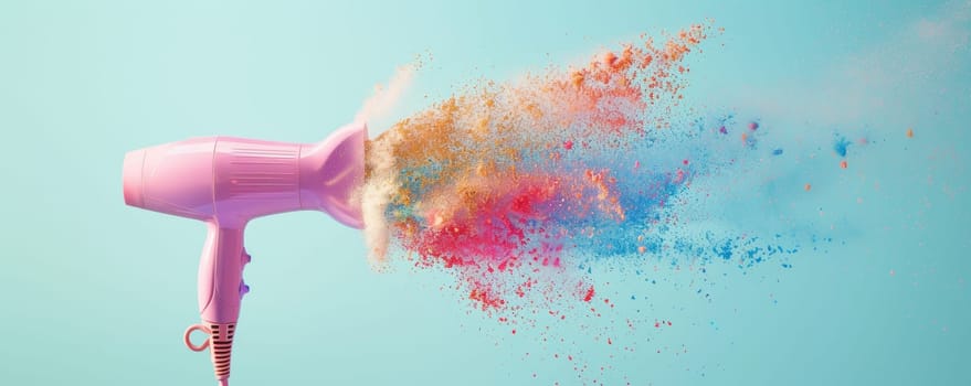 Pink hairdryer blowing colorful powder on blue background