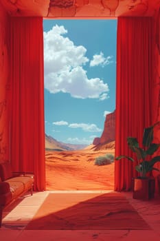A red curtain is open to reveal a desert landscape. The curtains are red and the sky is blue