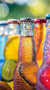 Close-up of colorful soda bottles with condensation