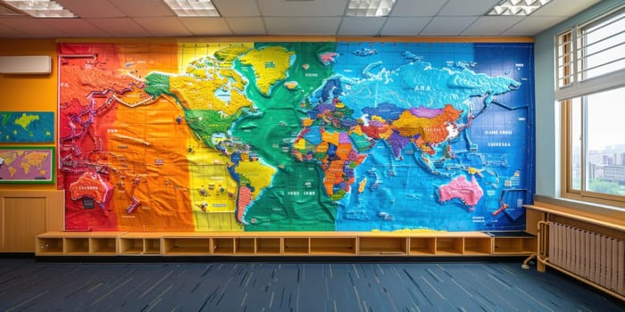 A large colorful world map is on the wall of a room.
