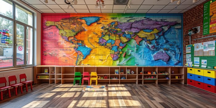 A large colorful world map is on the wall of a room.