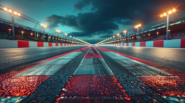 A racetrack with a red and white line on the ground. The track is wet and the lights are on