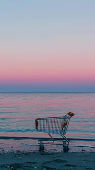 Shopping cart abandoned on a serene beach at sunset