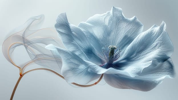 Elegant blue poppy flower with translucent petals and golden stems