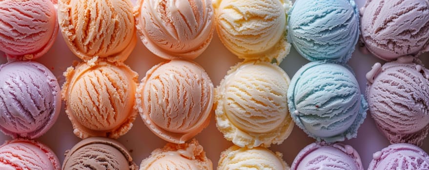 A group of ice creams of various flavors are neatly stacked on top of each other, creating a colorful and delicious tower of frozen treats. The textures and colors of each ice cream cone are visible, enticing the viewer to indulge in their sweetness.