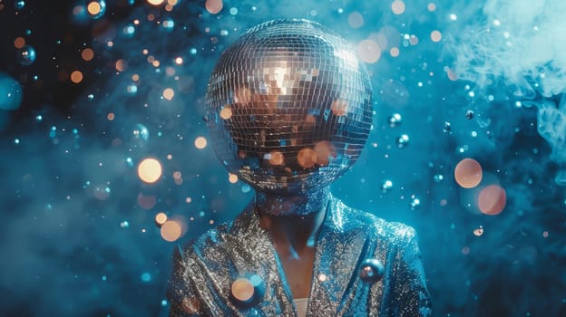 A person is standing with a shiny disco ball balanced on top of their head, creating a striking and unusual sight. The individual seems to be enjoying the unusual headpiece, bringing a fun and unique element to the environment.