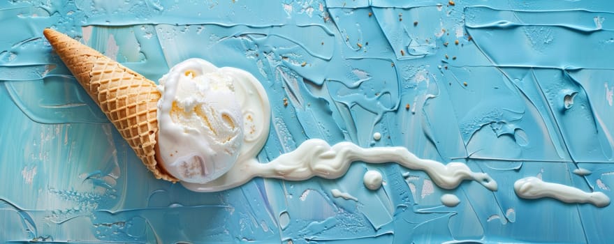 Vanilla Ice Cream Cone Melting on Blue Background.