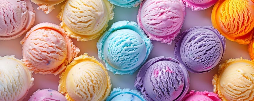 Many different colored ice creams arranged in a close up view. Various flavors and toppings visible, creating a vibrant and delicious display.