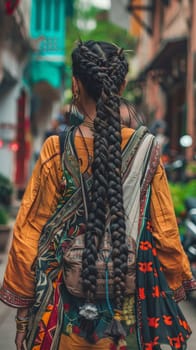 Indian woman with traditional braid and ethnic dress.