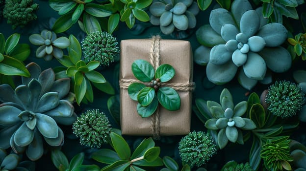 A brown paper-wrapped present is placed in the center of a group of various succulent plants. The gift is neatly wrapped with brown paper and secured with twine.
