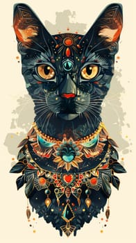 Ornate tribal cat illustration with vibrant colors