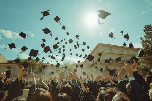 Group of university students in black gowns, throwing up their hats in the air