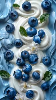 Fresh blueberries on swirled yogurt backdrop.