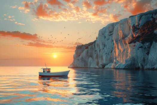 A boat is floating on the ocean near a cliff. The sky is orange and the sun is setting