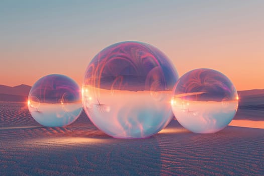 Three large, colorful spheres are reflected in a body of water. The scene is set against a backdrop of mountains and a sky with a warm, orange hue. The atmosphere is serene and peaceful