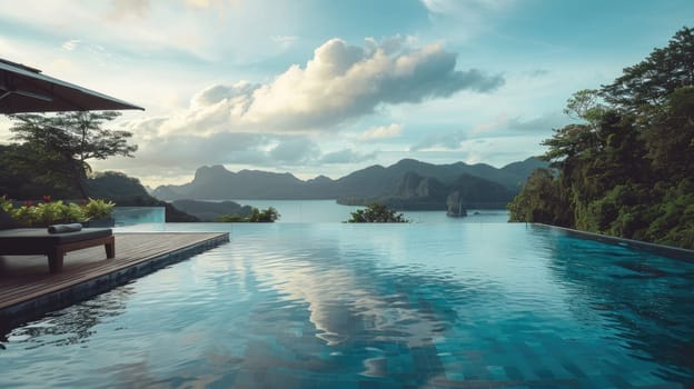 A wide shot of an infinity pool overlooking a stunning landscape, like mountains or the ocean