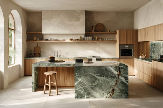 A kitchen with a marble countertop and wooden cabinets. There is a stool in front of the countertop