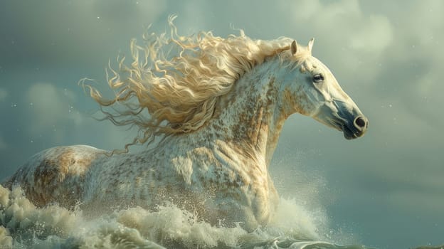Majestic white horse galloping in the ocean waves