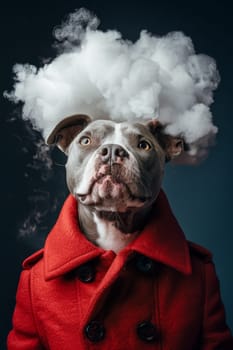 A dog is wearing a red coat and has a cloud on its head. The dog looks like it's in a costume and is posing for a picture