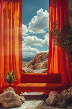 A red couch is in front of a curtain with a view of the mountains. The curtains are open, and the couch is positioned in front of a rock wall. The scene is bright and cheerful, with the orange couch