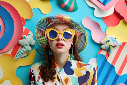 A woman with a hat and sunglasses is surrounded by various shapes and colors