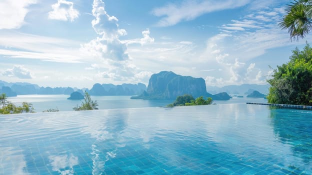 A wide shot of an infinity pool overlooking a stunning landscape, like mountains or the ocean