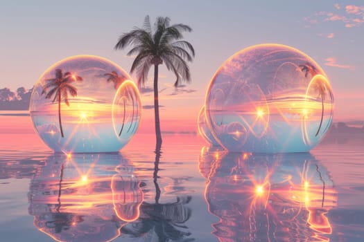 Two large spheres of water with a palm tree in the middle.