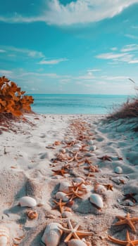 Sandy beach pathway strewn with numerous seashells and starfish leading to a serene turquoise sea