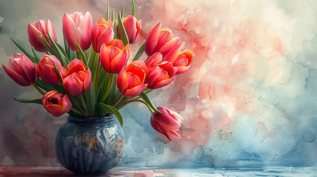 This painting features a vibrant arrangement of red tulips in a blue vase, showcasing the contrast between the warm tones of the flowers and the cool hues of the container. The tulips stand tall with their striking petals, creating a focal point against the blue background.