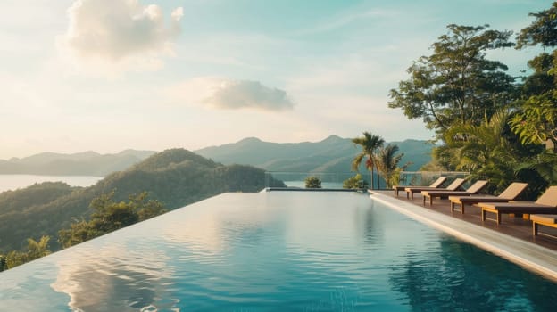 A wide shot of an infinity pool overlooking a stunning landscape, like mountains or the ocean