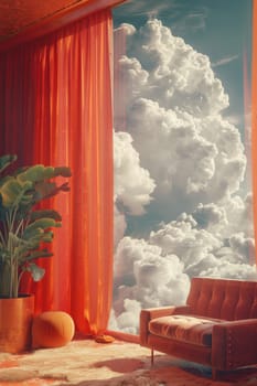 A room with a red curtain and a couch. The curtains are open, and the room is filled with sunlight. The clouds outside the window are white and fluffy, creating a peaceful and serene atmosphere