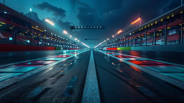 A race track with a wet track at night.