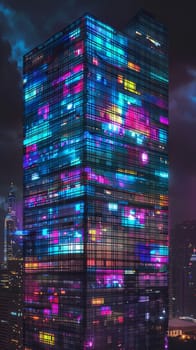 Illuminated skyscraper with vibrant neon lights at night